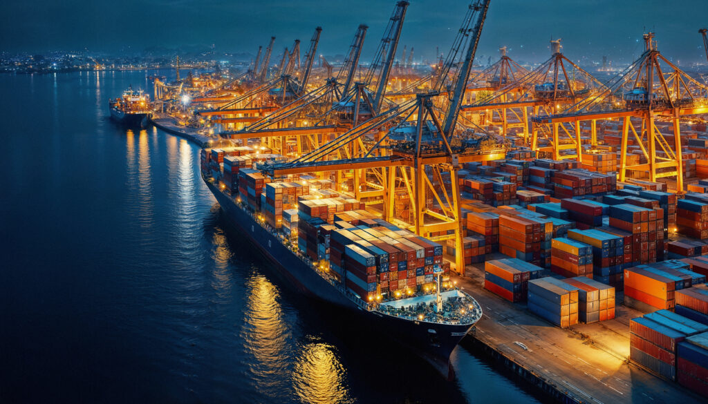 buque-de-carga-de-noche-en-un-puerto-ocupado